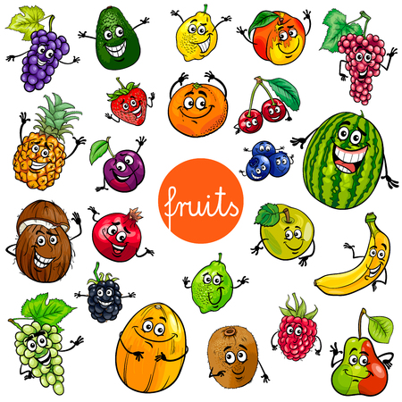 Cartoon Illustration of Fruits Comic Food Characters Big Set