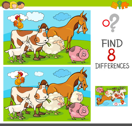 Cartoon Illustration of Finding Differences Between Two Pictures Educational Activity Game for Kids with Farm Animal Characters Groupのイラスト素材
