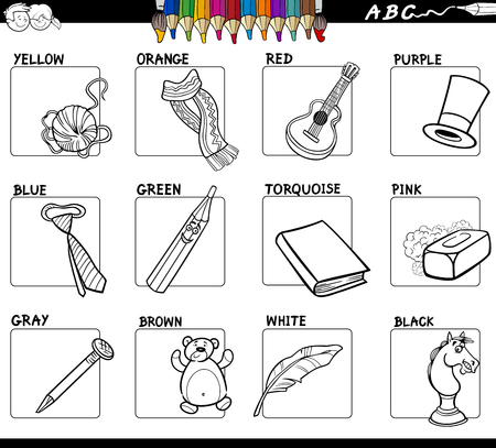 Black and White Cartoon Illustration of Basic Colors Educational Workbook Set for Children with Objects のイラスト素材