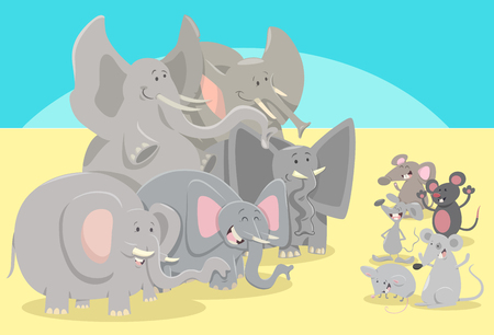 Ilustración de Cartoon humorous illustration of elephants and mice animal characters. - Imagen libre de derechos