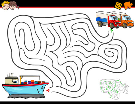 Cartoon Illustration of Education Maze or Labyrinth. Activity Game for Children with Container Ship and Trucksのイラスト素材