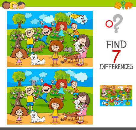 Cartoon Illustration of Finding Seven Differences Between Picturesのイラスト素材