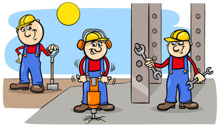 Cartoon Illustration of Manual Workers or Builders Characters Group at Workのイラスト素材