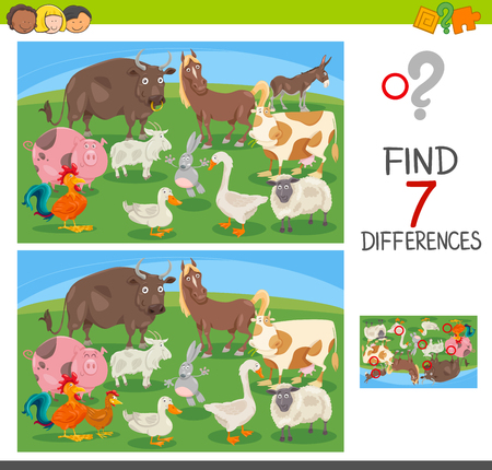 Cartoon Illustration of Finding Seven Differences Between Pictures Educational Activity Game for Children with Farm Animal Characters Groupのイラスト素材