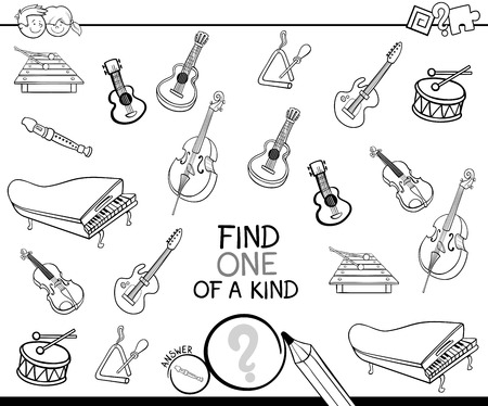 Black and White Cartoon Illustration of Find One of a Kind Picture Educational Activity Game for Children with Musical Instruments Coloring Bookのイラスト素材