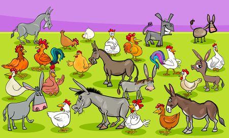 Cartoon Illustration of Funny Chickens and Donkeys Farm Animal Characters Groupのイラスト素材