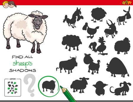 Cartoon Illustration of Finding All Sheep Shadows Educational Activity for Childrenのイラスト素材