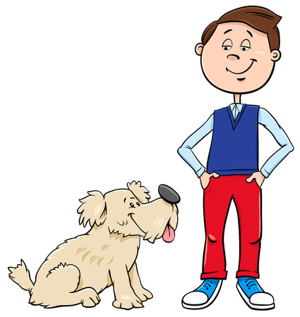 Cartoon Illustration of Kid Boy with Cute Dog or Puppyのイラスト素材