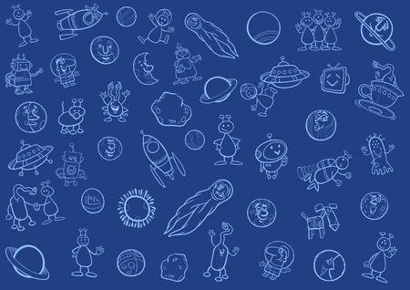 Cartoon Illustration of Space Objects and Fantasy Characters Set or Background in Blueのイラスト素材