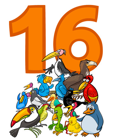 Cartoon Illustration of Number Sixteen and Bird Characters Groupのイラスト素材