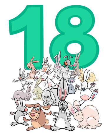 Cartoon Illustration of Number Eighteen and Rabbit Characters Groupのイラスト素材