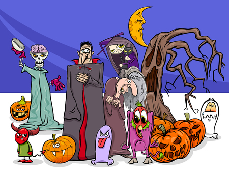 Cartoon Illustration of Halloween Holiday Scary Characters Groupのイラスト素材
