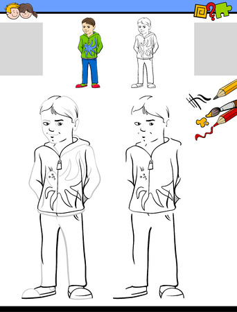 Cartoon Illustration of Drawing and Coloring Educational Activity for Children with Boy Characterのイラスト素材