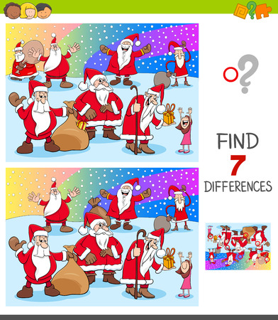 Cartoon Illustration of Finding Differences Between Pictures Educational Game for Children with Santa Claus Christmas Characters Groupのイラスト素材