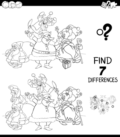 Black and White Cartoon Illustration of Finding Seven Differences Between Pictures Educational Game for Children with Christmas Characters Group Coloring Bookのイラスト素材