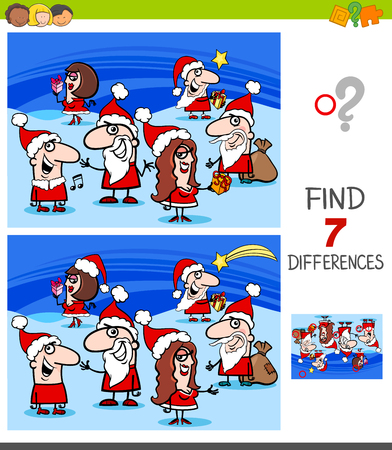Cartoon Illustration of Finding Seven Differences Between Pictures Educational Game for Children with Christmas Charactersのイラスト素材