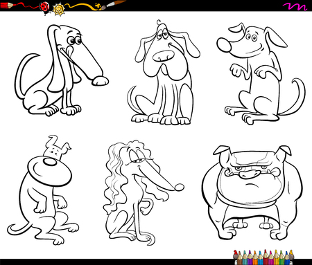 Black and White Cartoon Illustration of Comic Dogs Pet Animal Characters Set Coloring Bookのイラスト素材