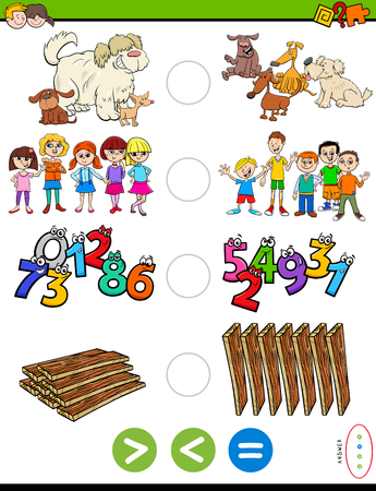 Cartoon Illustration of Educational Mathematical Puzzle Game of Greater Than, Less Than or Equal to for Preschool and Elementary Age Childrenのイラスト素材