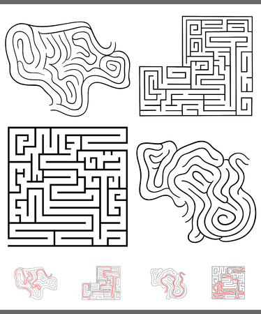 Illustration of Black and White Mazes or Labyrinths Leisure Games Set with Solutionsのイラスト素材
