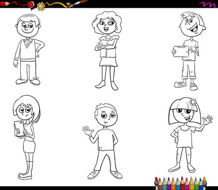 Black and White Cartoon Illustration of Teen and Children Characters Set Coloring Bookのイラスト素材
