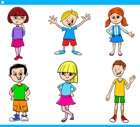 Cartoon Illustration of Girls and Boys Children and Teen Characters Setのイラスト素材