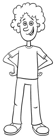 Black and White Cartoon Illustration of Elementary or Teen Age Boy Comic Character Coloring Bookのイラスト素材