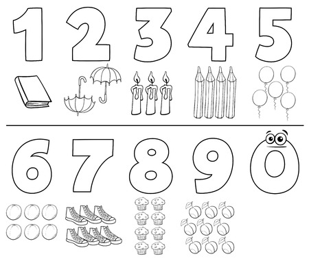 Black and White Cartoon Illustration of Numbers Set from One to Nine with Objects Coloring Bookのイラスト素材