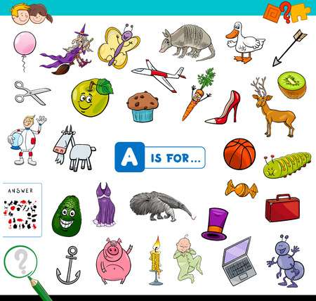 Cartoon Illustration of Finding Picture Starting with Letter A Educational Game Workbook for Childrenのイラスト素材