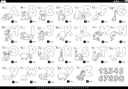 Black and White Cartoon Illustration of Capital Letters Alphabet Set with Animal Characters for Reading and Writing Education for Children Coloring Bookのイラスト素材
