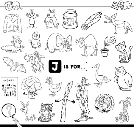 Black and White Cartoon Illustration of Finding Picture Starting with Letter J Educational Game Workbook for Children Coloring Bookのイラスト素材