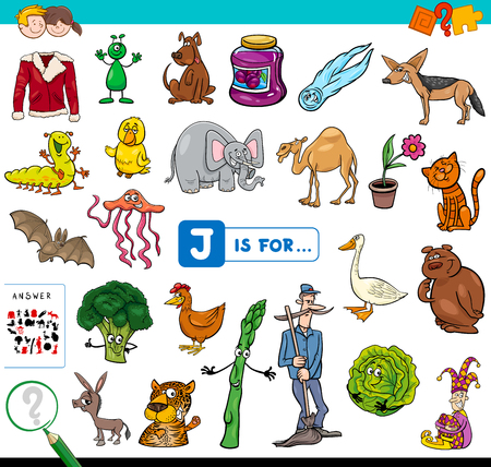Cartoon Illustration of Finding Picture Starting with Letter J Educational Game Workbook for Childrenのイラスト素材