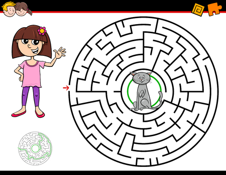Cartoon Illustration of Education Maze or Labyrinth Activity Game for Children with Girl and Catのイラスト素材
