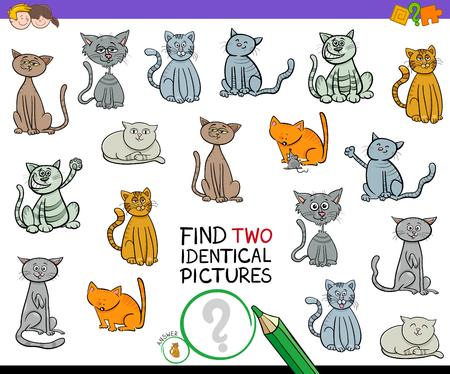 Cartoon Illustration of Finding Two Identical Pictures Educational Game for Children with Cats and Kitten Charactersのイラスト素材