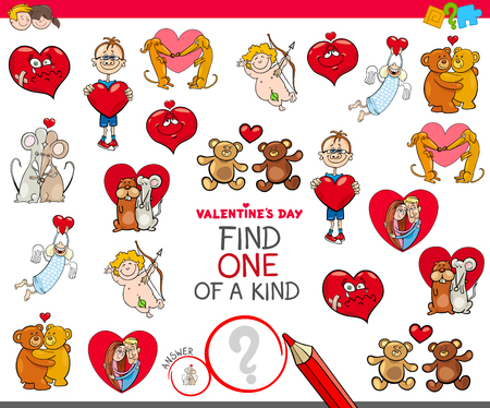 Cartoon Illustration of Find One of a Kind Picture Educational Game for Kids with Valentines Day Charactersのイラスト素材