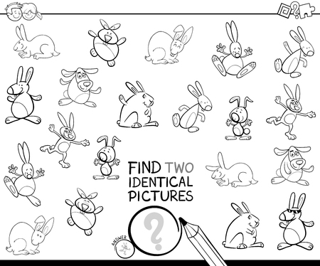 Black and White Cartoon Illustration of Finding Two Identical Pictures Educational Game for Children with Rabbits and Bunnies Characters Coloring Bookのイラスト素材