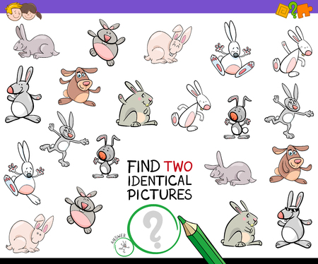 Cartoon Illustration of Finding Two Identical Pictures Educational Game for Children with Rabbits and Bunnies Charactersのイラスト素材