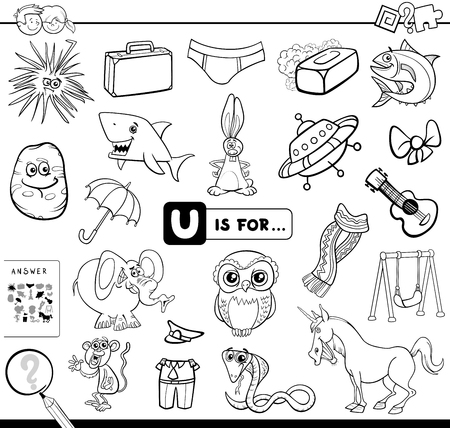 Black and White Cartoon Illustration of Finding Picture Starting with Letter U Educational Game Workbook for Children Coloring Bookのイラスト素材