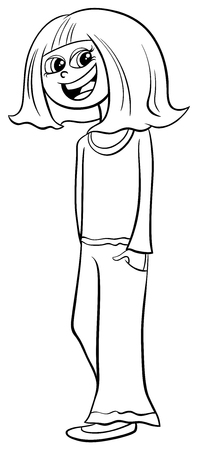 Black and White Cartoon Illustration of Elementary Age or Teenager Girl Character Coloring Bookのイラスト素材
