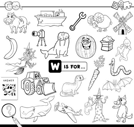 Black and White Cartoon Illustration of Finding Picture Starting with Letter W Educational Game Workbook for Children Coloring Bookのイラスト素材