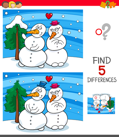 Cartoon Illustration of Finding Five Differences Between Pictures Educational Game for Children with Snowmen in Loveのイラスト素材