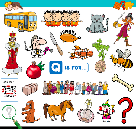 Cartoon Illustration of Finding Picture Starting with Letter Q Educational Game Workbook for Childrenのイラスト素材