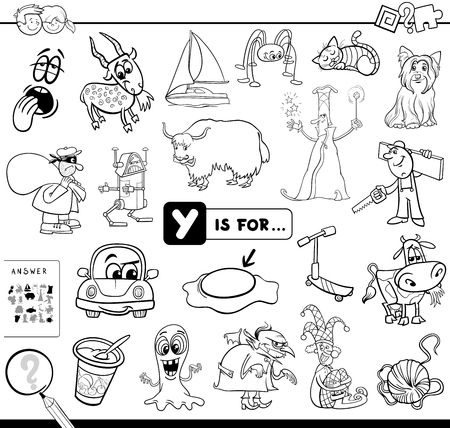 Black and White Cartoon Illustration of Finding Picture Starting with Letter Y Educational Game Workbook for Children Coloring Bookのイラスト素材