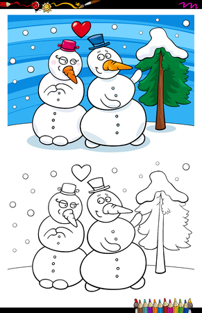Cartoon Illustration of Funny Snowman Characters in Love Coloring Book Activityのイラスト素材