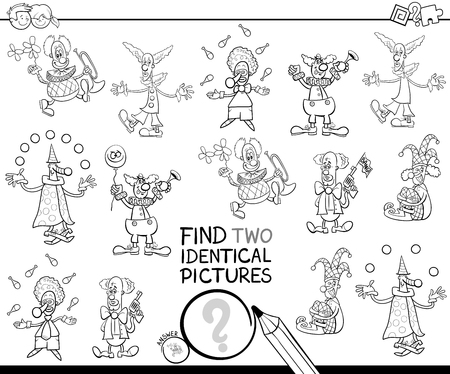 Black and White Cartoon Illustration of Finding Two Identical Pictures Educational Game for Childen with Funny Clown Characters Coloring Bookのイラスト素材