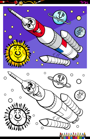 Cartoon Illustration of Funny Space Rocket in Cosmos Coloring Book Activityのイラスト素材