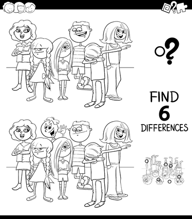Black and White Cartoon Illustration of Finding Six Differences Between Pictures Educational Game for Children with Kids or Teens Group Coloring Bookのイラスト素材