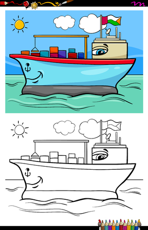 Cartoon Illustration of Funny Container Ship Character on the Sea Coloring Book Activityのイラスト素材