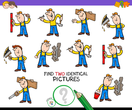 Cartoon Illustration of Finding Two Identical Pictures Educational Game for Childen with Funny Workers and Builders at Workのイラスト素材