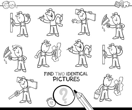 Black and White Cartoon Illustration of Finding Two Identical Pictures Educational Game for Childen with Funny Workers and Builders at Work Coloring Bookのイラスト素材