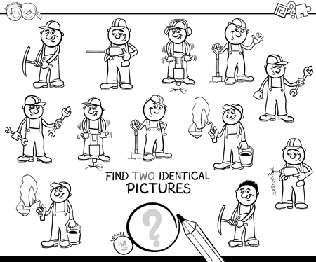 Black and White Cartoon Illustration of Finding Two Identical Pictures Educational Game for Kids with Funny Workers and Builders at Work Coloring Bookのイラスト素材